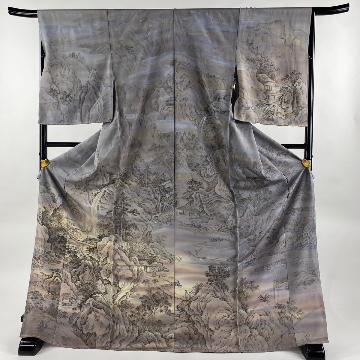 訪問着 身丈177cm 裄丈67.5cm 未仕立て 滝泰 仮絵羽 落款 風景 建物 灰  