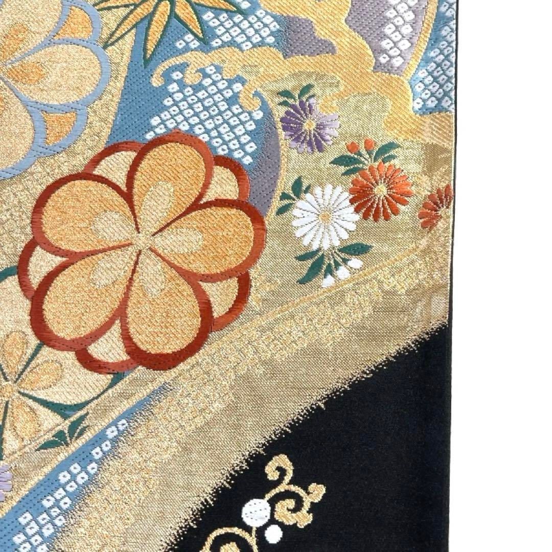 振袖帯　流水　金糸　梅花　竹　菊　鹿の子　黒地　袋帯　着物　041a d 振袖帯 流水 金糸 梅花 竹 菊 鹿の子 黒地 袋帯 着物 041a d