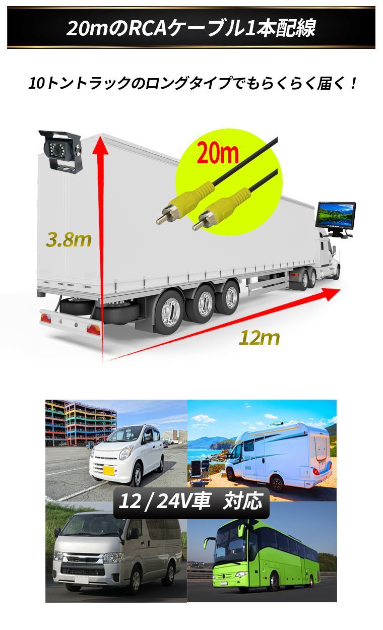 バックカメラ モニター セット 赤外線暗視機能付 大型車・トラックにも 