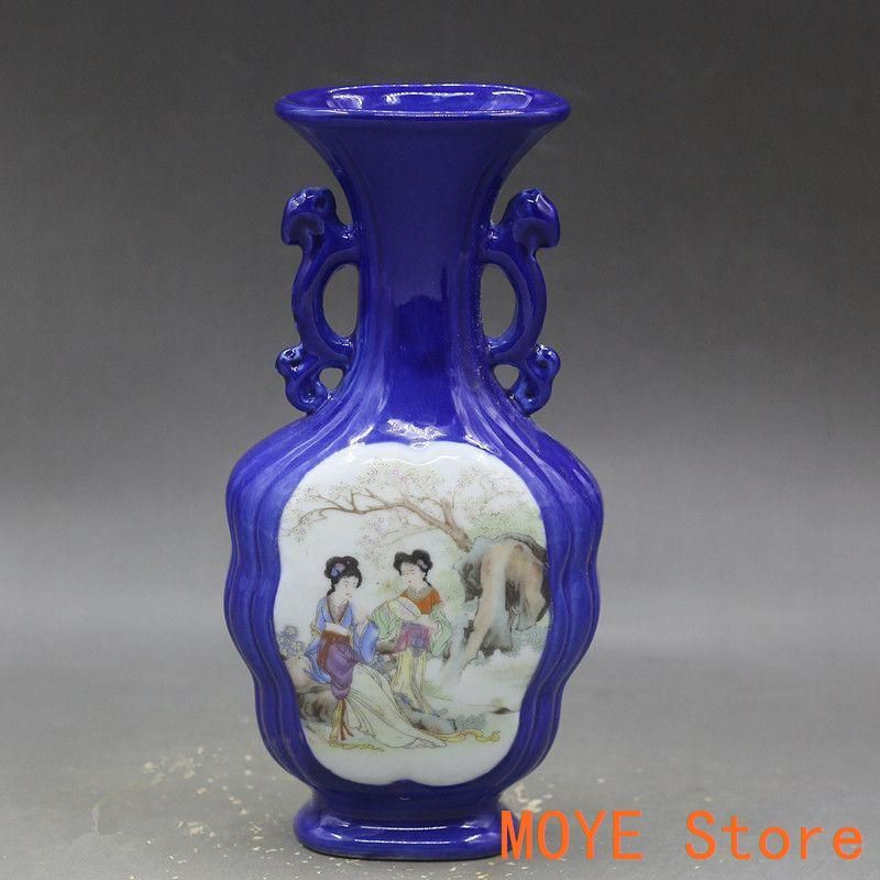 斉藍釉開窓西廂記両耳瓶 景徳鎮 陶磁器 装飾品 現代工芸品 美術