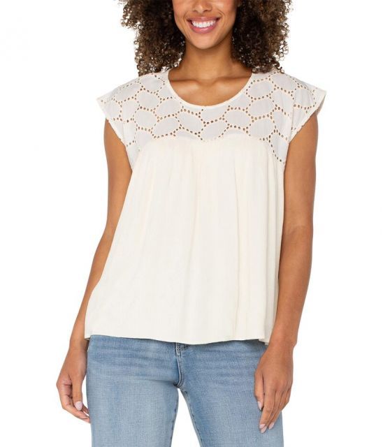 【送料無料】 リヴァプール ロサンゼルス レディース シャツ トップス Short Sleeve Dolman Boat Neck Woven Blouse W Embroidery Vanilla Eyelet