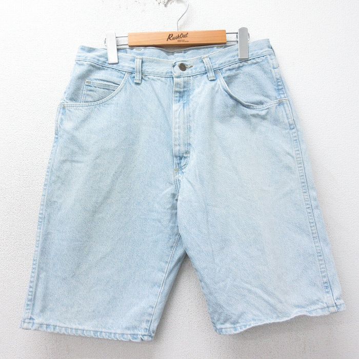 W34/古着 ラングラー ショート パンツ ショーツ メンズ 90s コットン 薄紺 ネイビー デニム 23may13 中古 ボトムス 短パン ショーパン