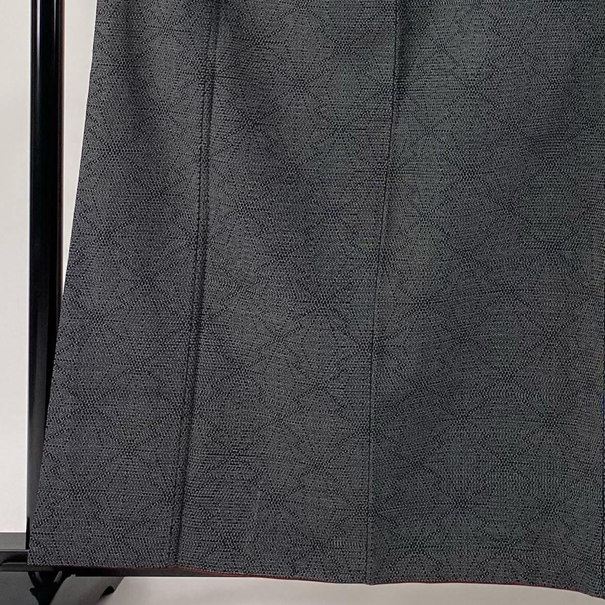 紬 身丈163cm 裄丈63cm S 袷 麻の葉 黒灰 正絹 秀品