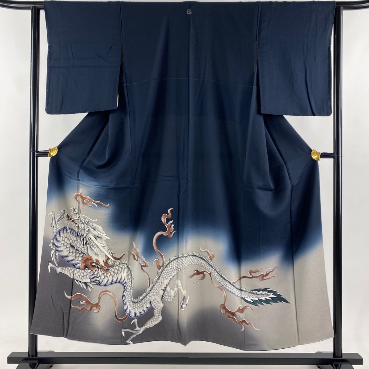 色留袖 身丈151cm 裄丈62cm S 袷 草野一騎 龍 銀彩 ぼかし 濃紺 正絹 一つ紋
