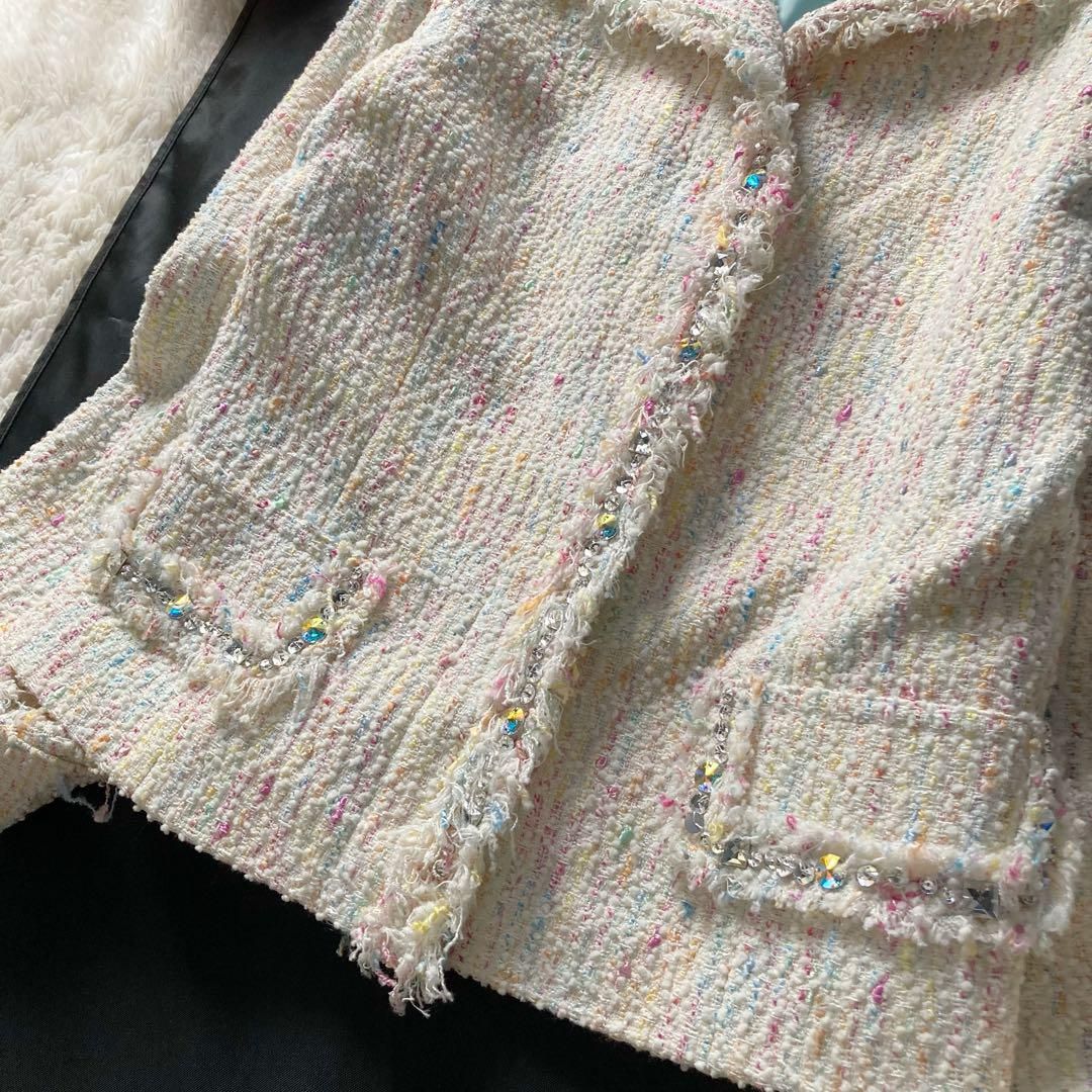 ビアッジョブルー ファンシーツイード ワンピーススーツ パステル ビジュー 白 MAAHADDERANG_COM