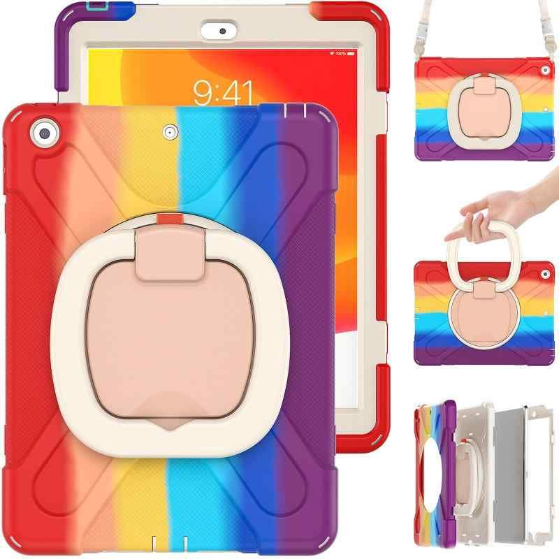 iPadケース 360回転持ち手 耐衝撃 ペンシル収納 頑丈 キッズ かわいい 子供 子ども 持ち手付き 肩掛け 斜め掛け アイパッド iPad カバー iPad 10.2インチ第7/8/9世代 虹のレッド