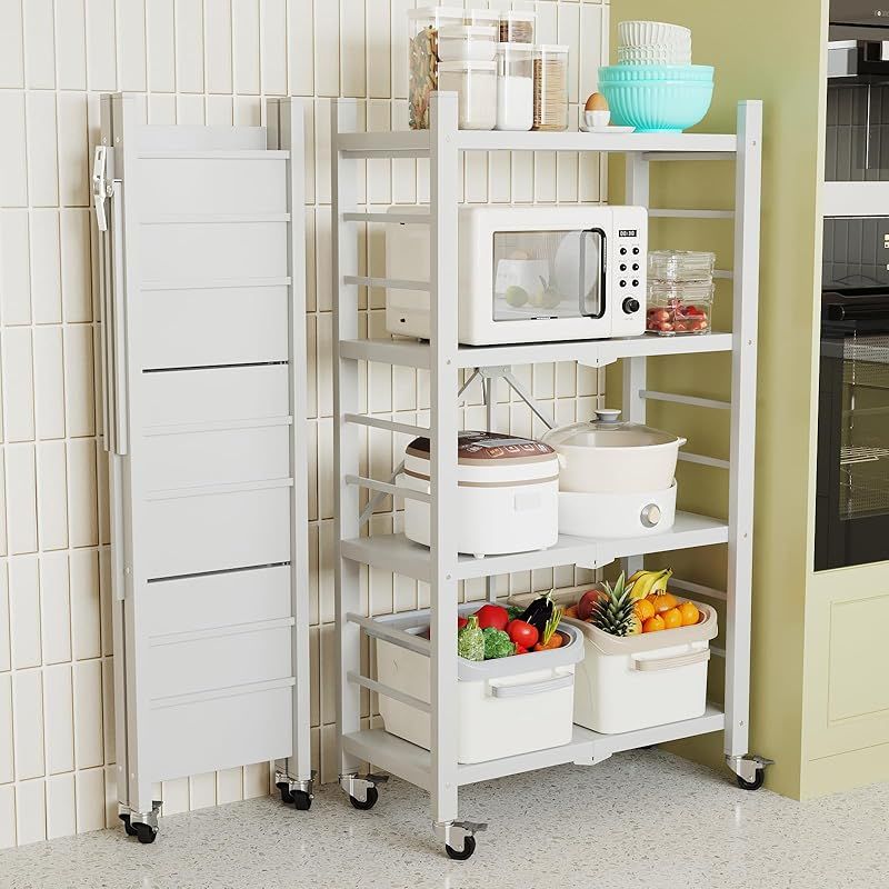 YASICA 折り畳みラック 折りたたみ棚 4 段折りたたみ式キッチン収納ラック 組み立て不要 卓上レンジ置き棚 360° ブレーキ付きキャスター備え 大容量 移動便利 カーボンスチール製 耐荷重200kg 省スペース 組み立て不要 多用途 キッ 1