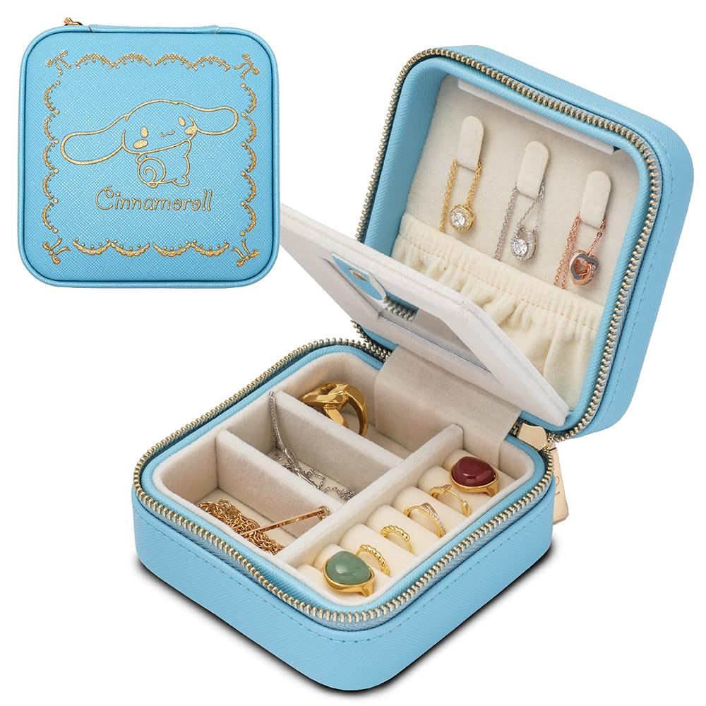 新品 L'a Poume サンリオ sanrio ジュエリーケース アクセサリーケース 指輪ケース リングケース Mサイズ コンパクト ミラー付き 携帯用 持ち運び用 トラベル 出張 (シナモロール（ブルー）)