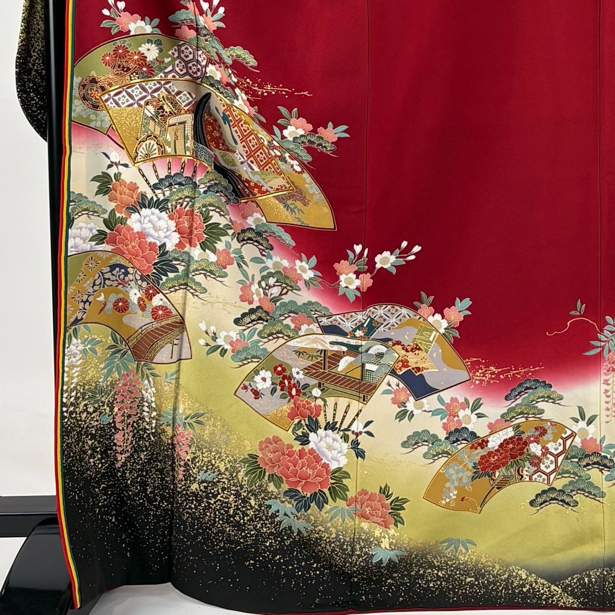 振袖 身丈168cm 裄丈69.5cm L 袷 扇 草花 金糸 金彩 赤 正絹 秀