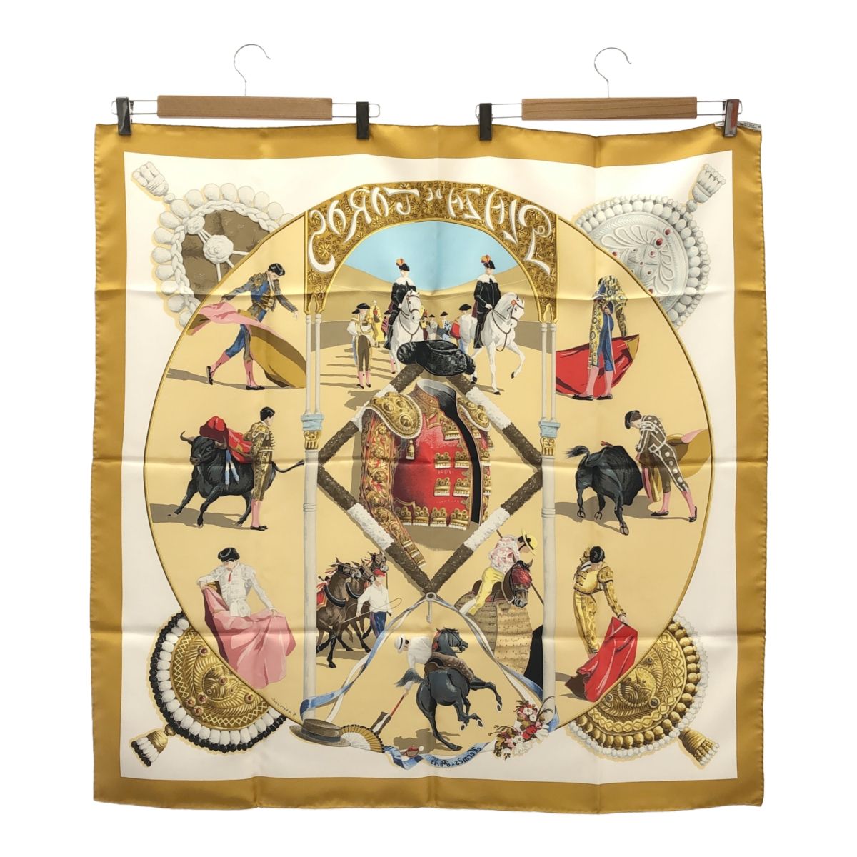 HERMES エルメス カレ90 PLAZA DE TOROS 闘牛場 シルク100% ベージュ系 スカーフ 箱有 H20313