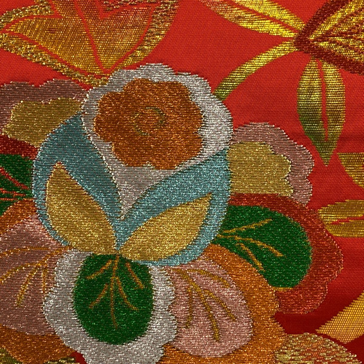 袋帯 秀品 イタリア唐花 草花 金銀糸 箔 赤 六通 正絹