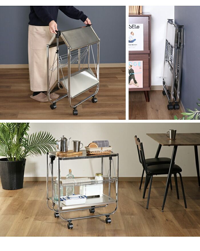 折りたたみワゴン キャスター付き キッチンワゴン 天板 棚付き 幅68 奥行40 マルチワゴン 省スペース 便利 スタイリッシュ WWW_SUPERTOOLSSHOP_NL