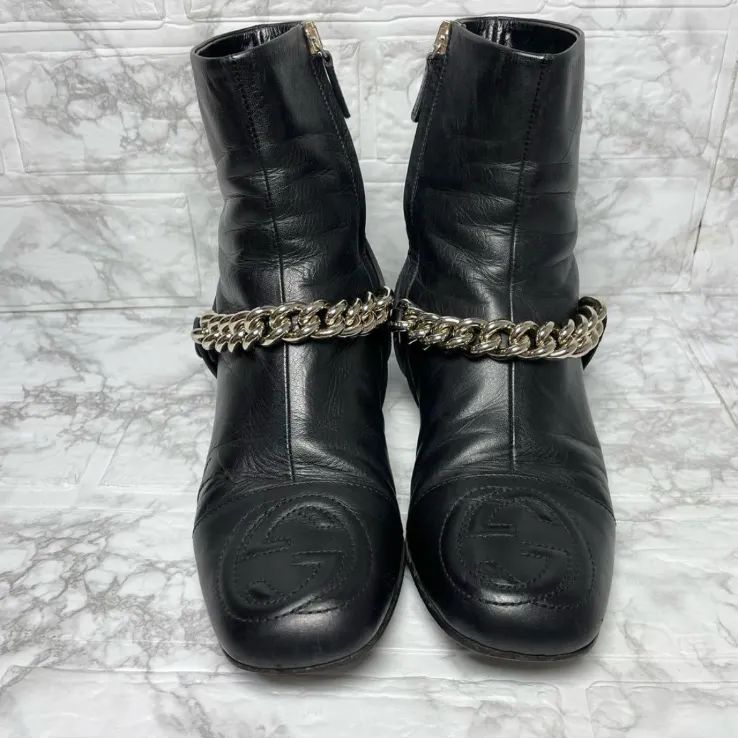 グッチ GUCCI レザー ショートブーツ チェーン GG インターロッキング