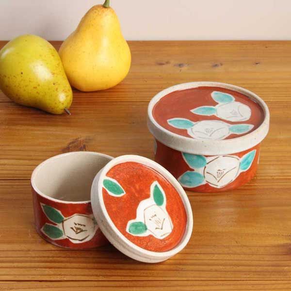 3Pセット）瀬戸焼 便利な器 赤絵椿 丸蓋物／大 ※陶器,高級感,高品質