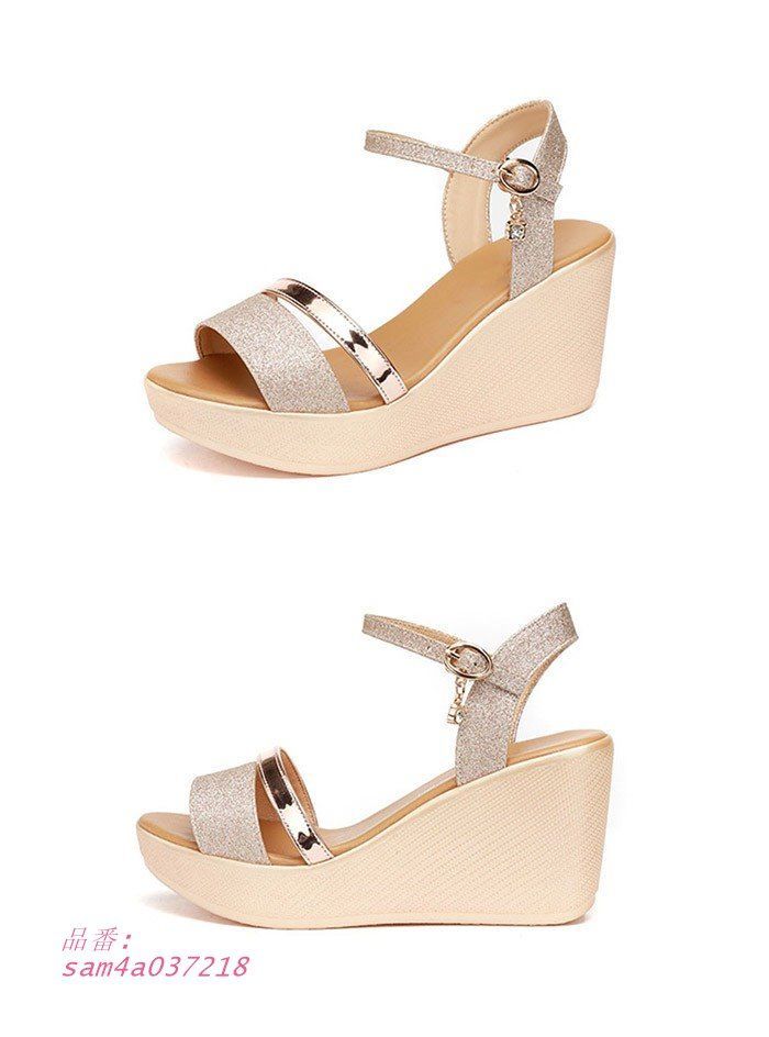 ウェッジソール サンダル キラキラ 厚底 ウエッジソール 厚底サンダル かかとあり レディース ストライプサンダル ヒールサンダル アンクルストラップ am4a037218 KIN-KAAI_COM