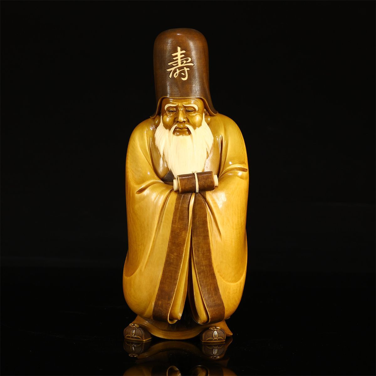 彫刻家 小針春水 作 細工 寿老人 置物 高20㎝ 重1071g 本物保証品G 1183