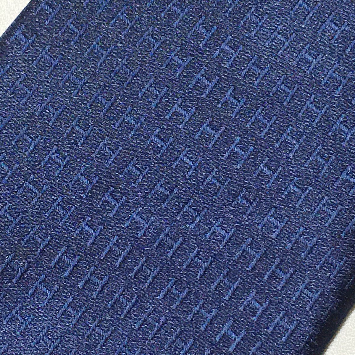 美品 エルメス HERMES ネクタイ シルク100% フランス製 ネイビー 【H柄】 252-104