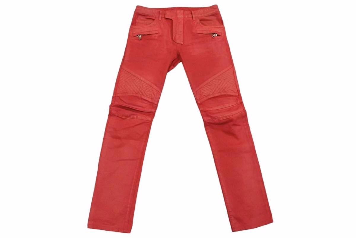 BALMAIN バルマン デニムパンツ バイカーパンツ T500B406G コットン レッド シルバー金具 サイズ32 メンズ 美品 中古 49570