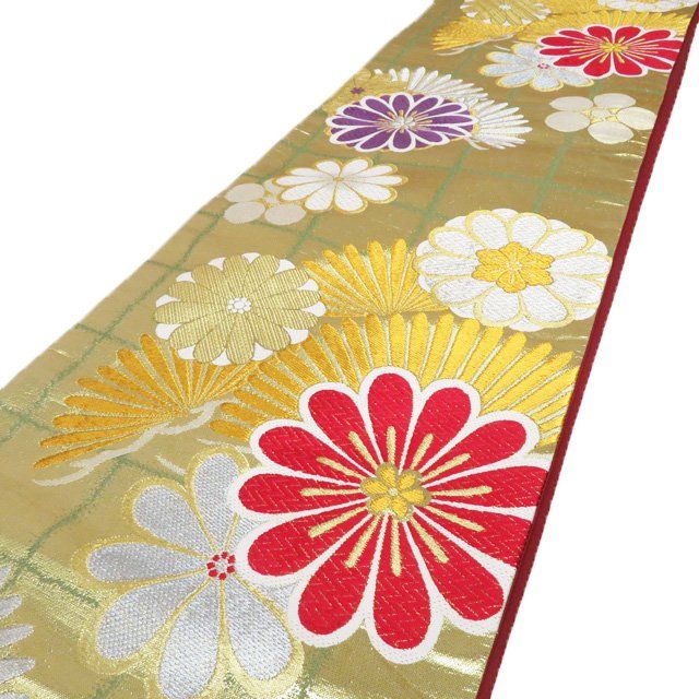 袋帯 振袖用 中古 正絹 六通 花模様 菊 梅 箔糸 多色 金 A1159