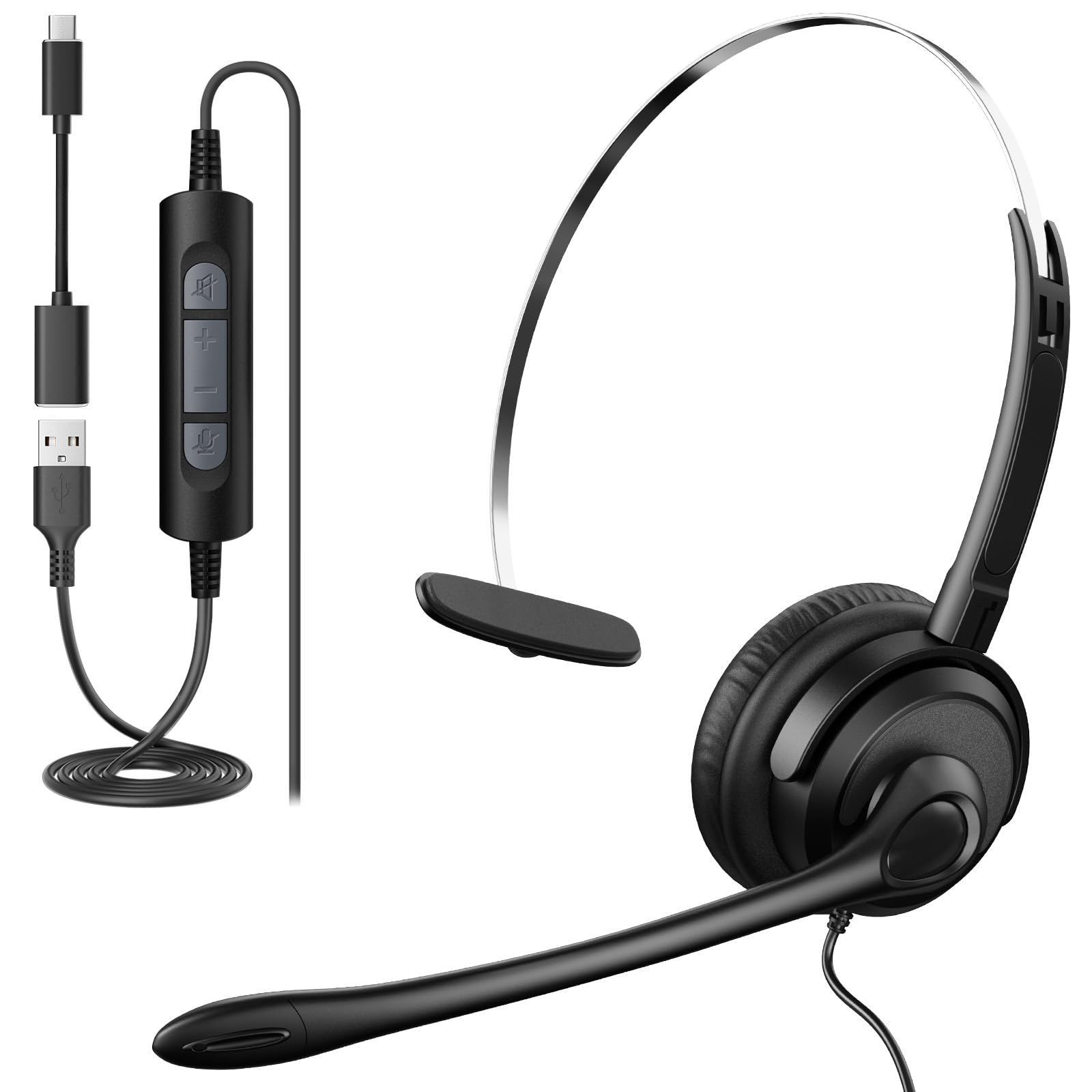 新品 Voistek ヘッドセット USB Type-C 片耳 ノイズキャンセリングマイク付き 有線 ヘッドセット Skype、Web会議、在宅勤務、リモートワーク、通信事業者に適用される プロ ビジネス PC/Mac用ヘッド