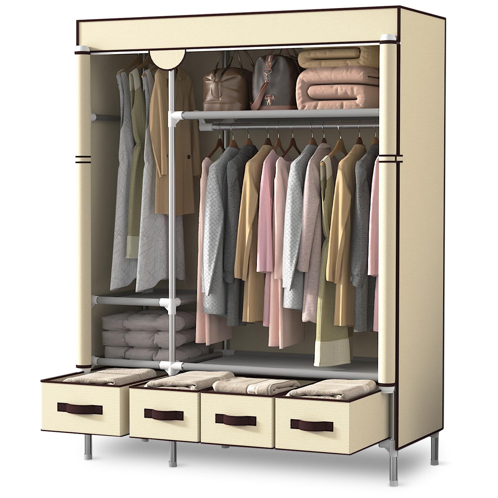ワードローブ カバー付き クローゼット 引き出し4つ付き 大容量 収納 おしゃれ 不織布 簡単組み立て式 ハンガーラック 収納棚 耐久 頑丈 防水 防塵 防汚 省スペース 幅130×奥行45×高さ170cm サンドベージュ