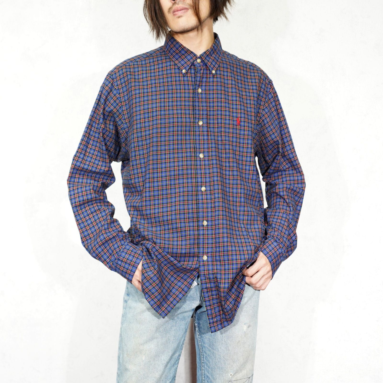 USA VINTAGE Ralph Lauren CHECK PATTERNED HORSE EMBROIDERY DESIGN BD SHIRT/アメリカ古着ラルフローレンチェック柄ホース刺繍デザインボタンダウンシャツ