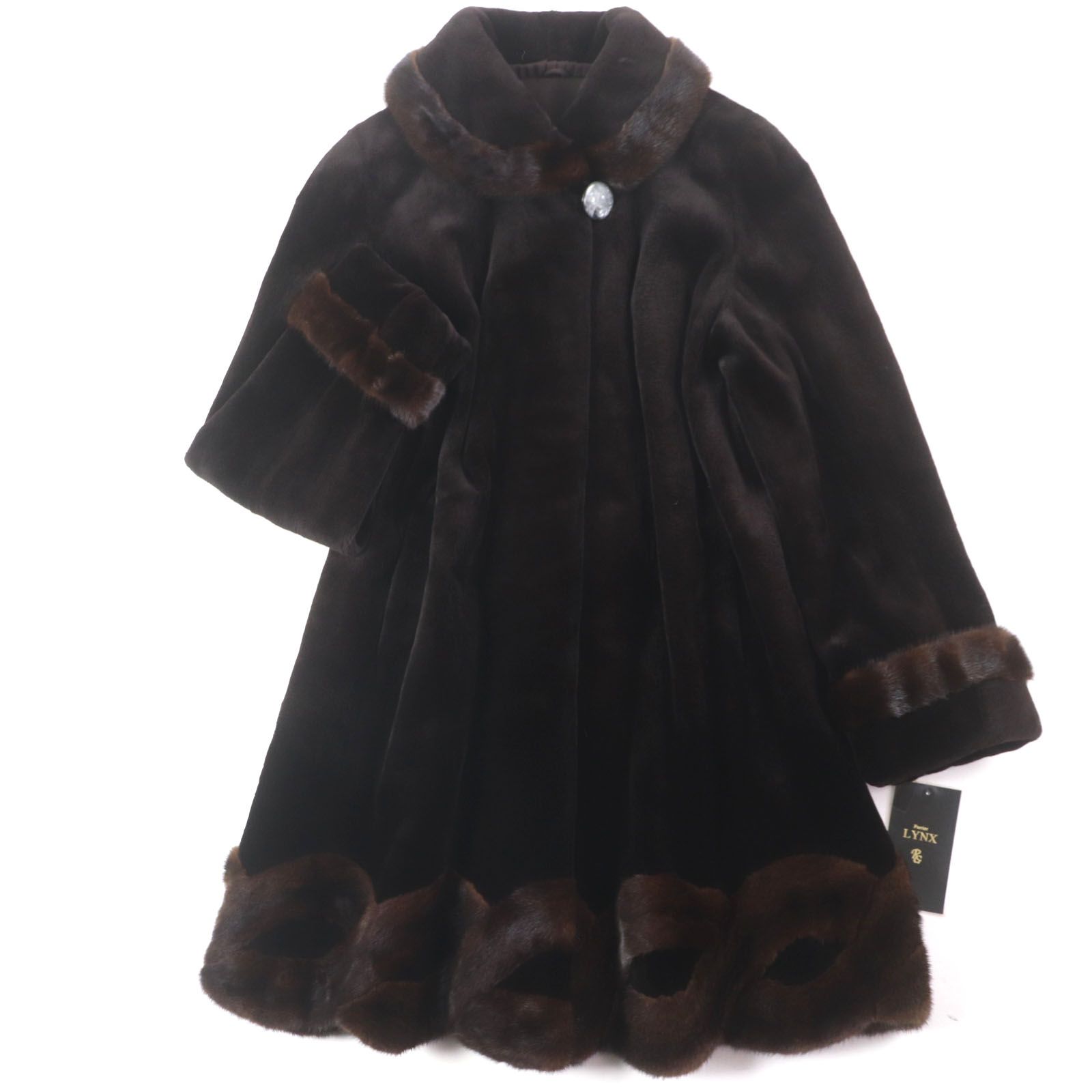 シェアードミンク ミンク MINK 切替デザイン 裾スカラップ 本毛皮セミロングコート ダークブラウン F レディース 柔らか◎ 定価1 420 000円