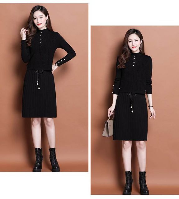 きれいめ ニット セットアップ ニットワンピース ニットソー ベスト ショート ショート丈 膝上 袖あり 長袖 スタンドカラー セミフレア Aライン リボン ウエストリボン リブ リブニット 編み込み 伸縮性 パール 2点セット ツーピース かわいい 大人可愛い シンプル カジュアル 種類15：ブラック/M きれいめ ニット セットアップ ニットワンピース