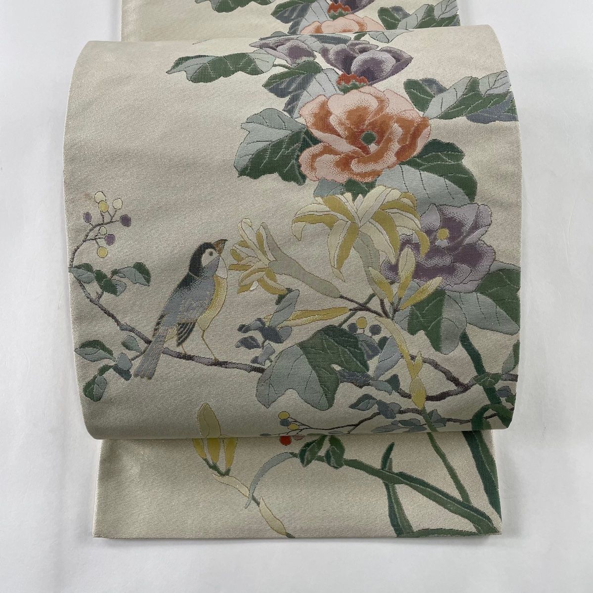 袋帯 秀品 袋帯 美品 秀品 六通 正絹 鳥 草花 金通し ベージュ