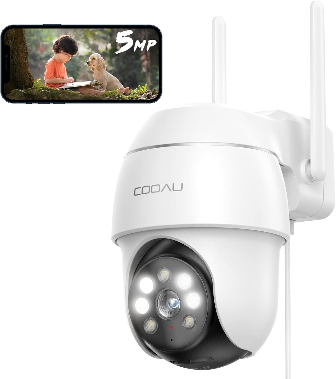 【500万高画素 ・遠距離も超精細】COOAU 防犯カメラ 屋外 ワイヤレス/wifi 5MP/1944P 遠距離暗視 5dBiアンテナ H.265動画圧縮 夜間カラー撮影 監視カメラ パン/チルト 360広角撮影 常時録画 人体検知 