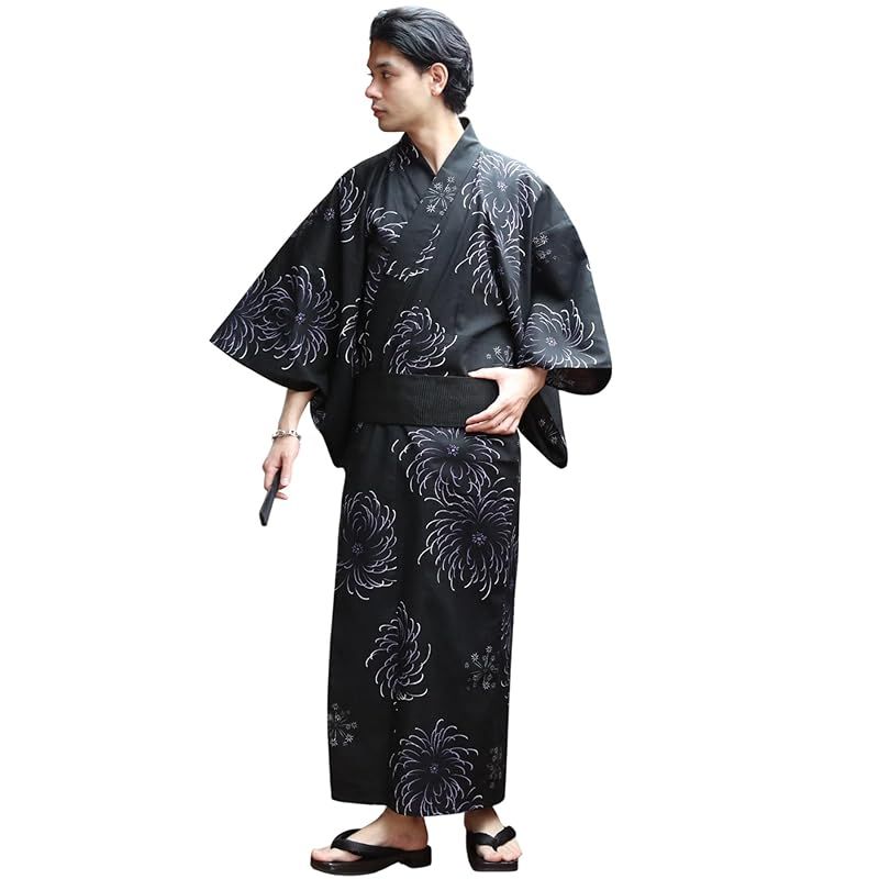 8 eight エイト 和柄 総柄 浴衣 3点セット メンズ 浴衣 帯 下駄 コットン 花火ブラックM