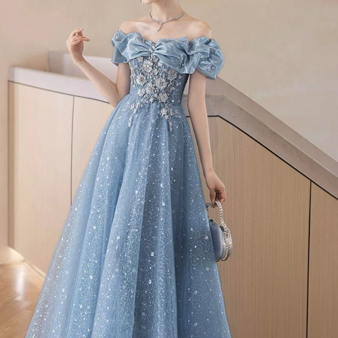 お花のデザインにパールが可愛い フリルのオフショルのドレス 新品未使用 レディースファッション 人気商品 お花のデザインに