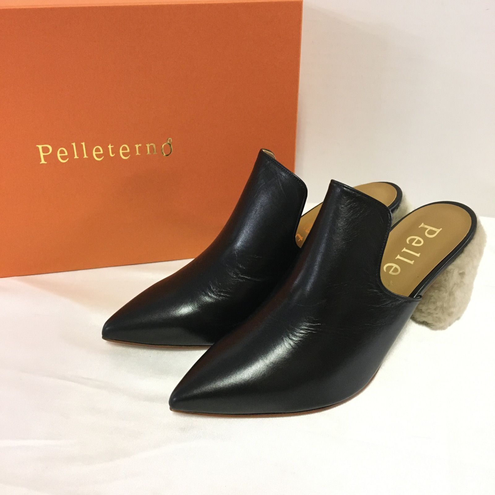 【美品】Pelleterno ペレテルノ キップオイルレザー×ムートンヒールミュール ファー サボ ブラック 36サイズ レディース 靴