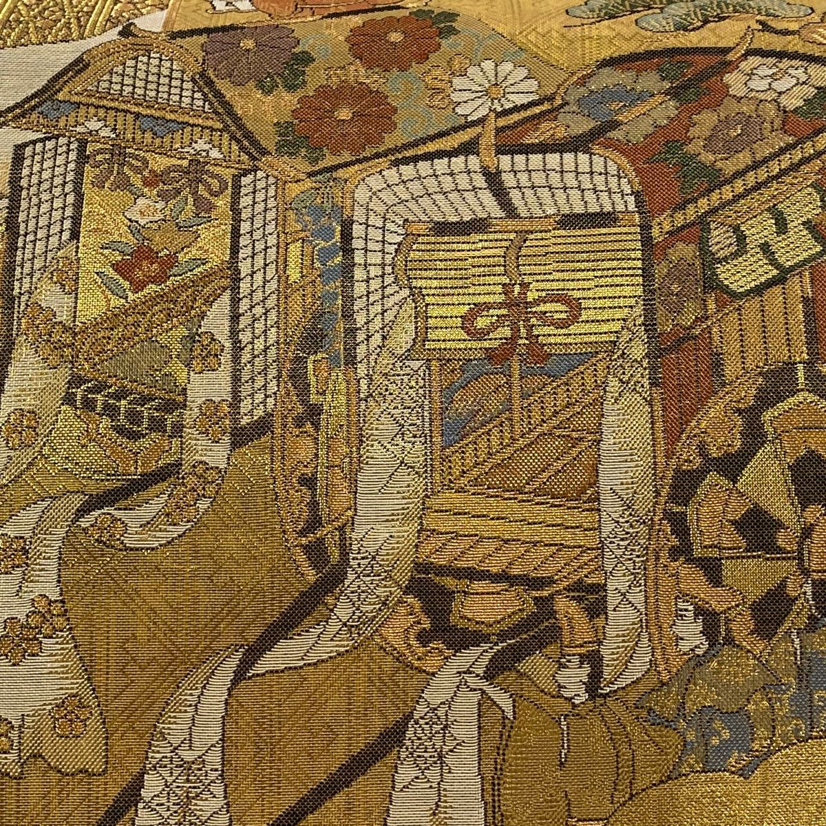袋帯 秀品 御所風景 雲文 箔 金色 お太鼓柄 正絹