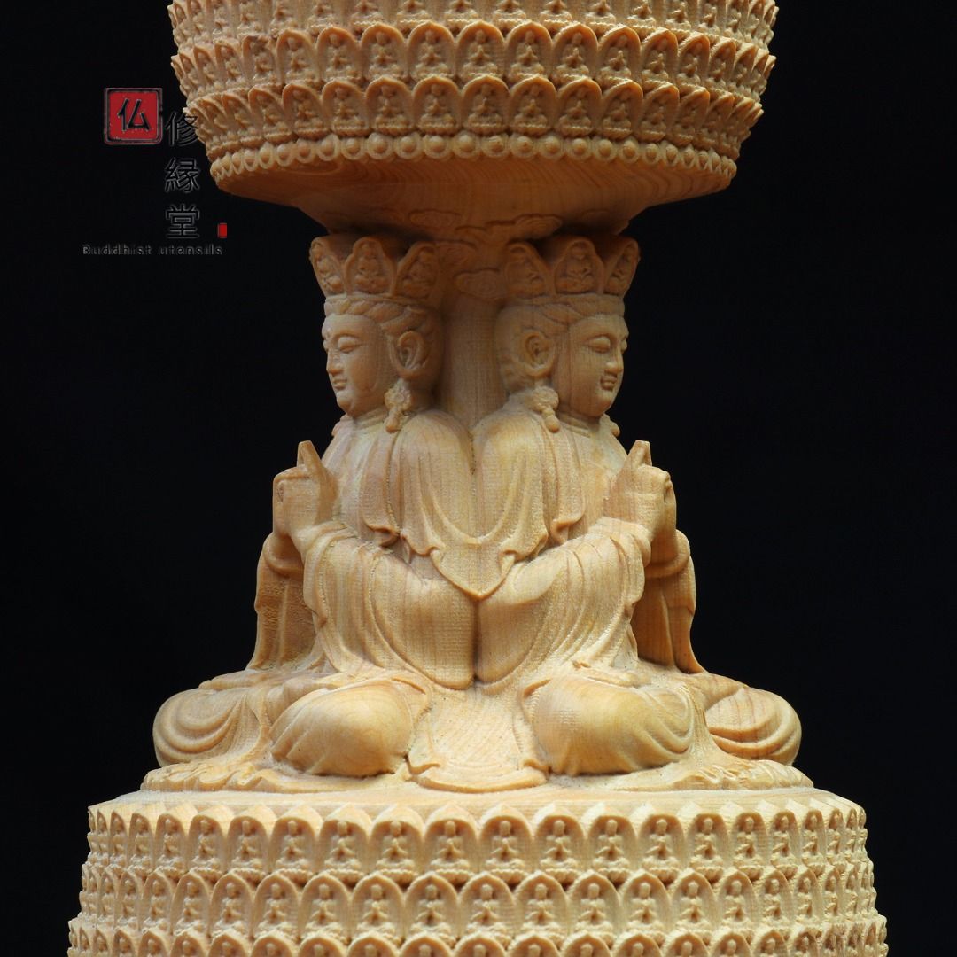 修縁堂】最高級 木彫り 仏像 三重三面地蔵菩蕯座像 彫刻 仏教