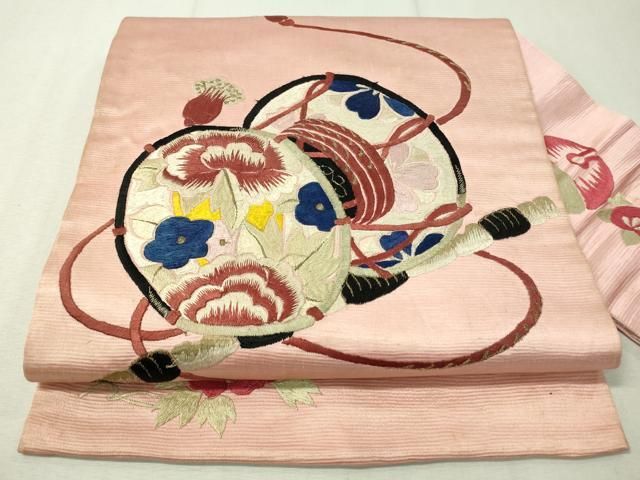 平和屋着物○アンティーク 大正ロマン 総刺繍 九寸名古屋帯 花鼓文