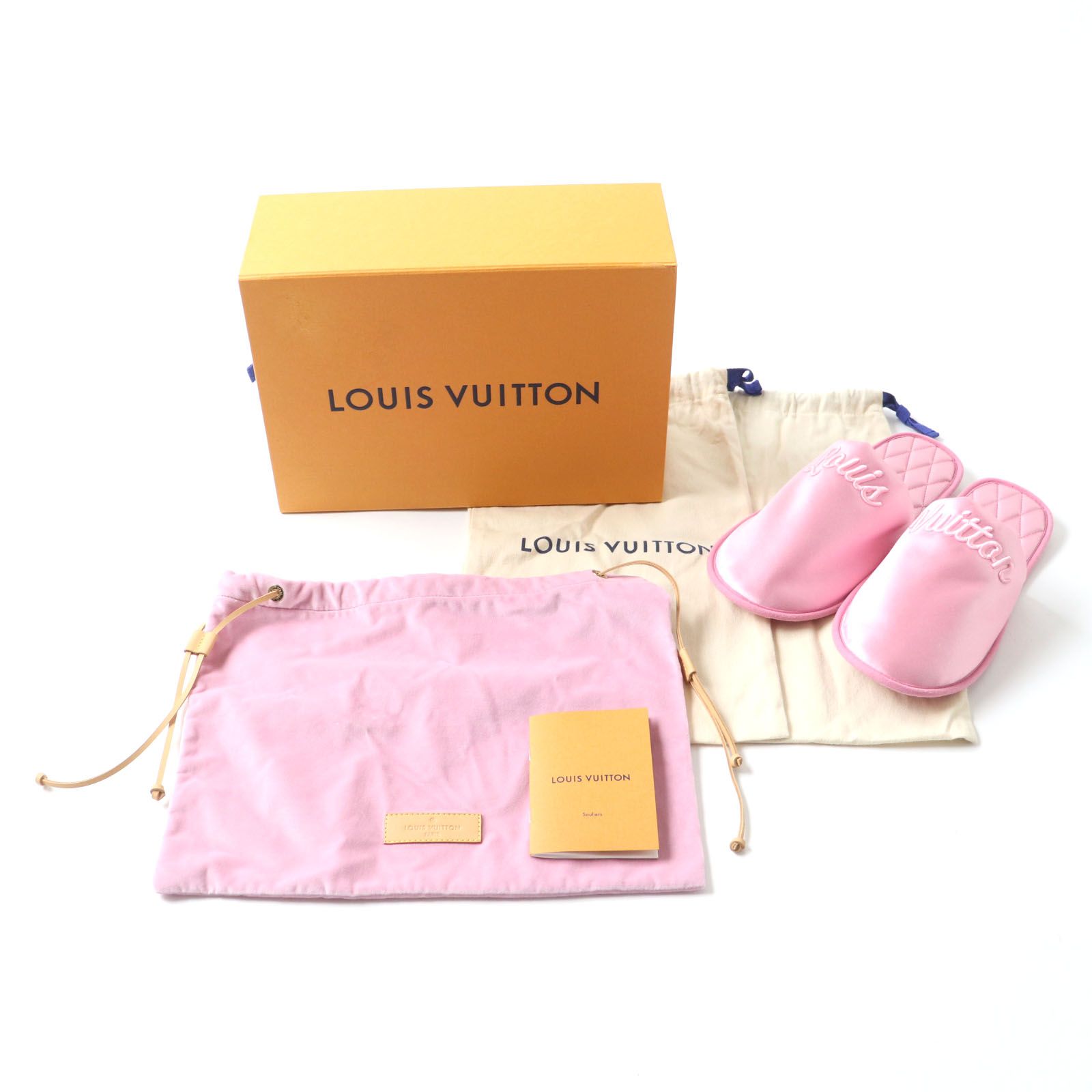 未使用品 LOUIS VUITTON ルイヴィトン LVスイート・ライン ミュール ロゴ刺繍入り サテン ルームシューズ/スリッパ ピンク 38-39  箱・保存袋付き イタリア製 レディース