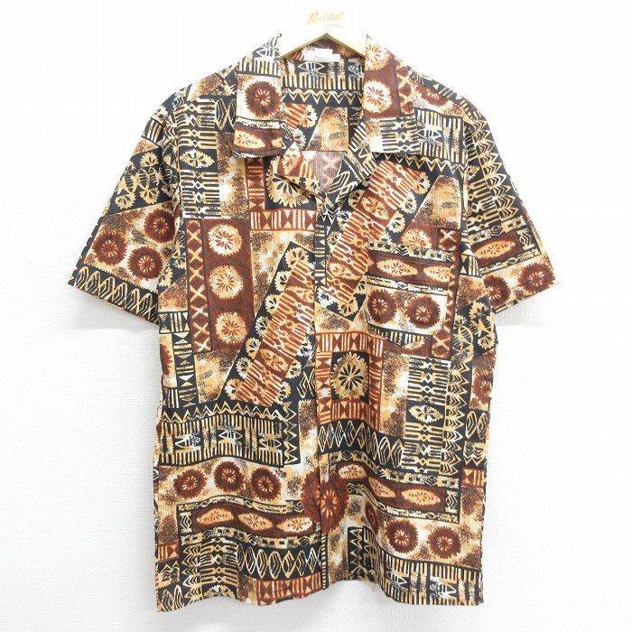 L/古着 半袖 ハワイアン シャツ メンズ 90s 開襟 オープンカラー ベージュ他 カーキ 24may16 中古 アロハ トップス
