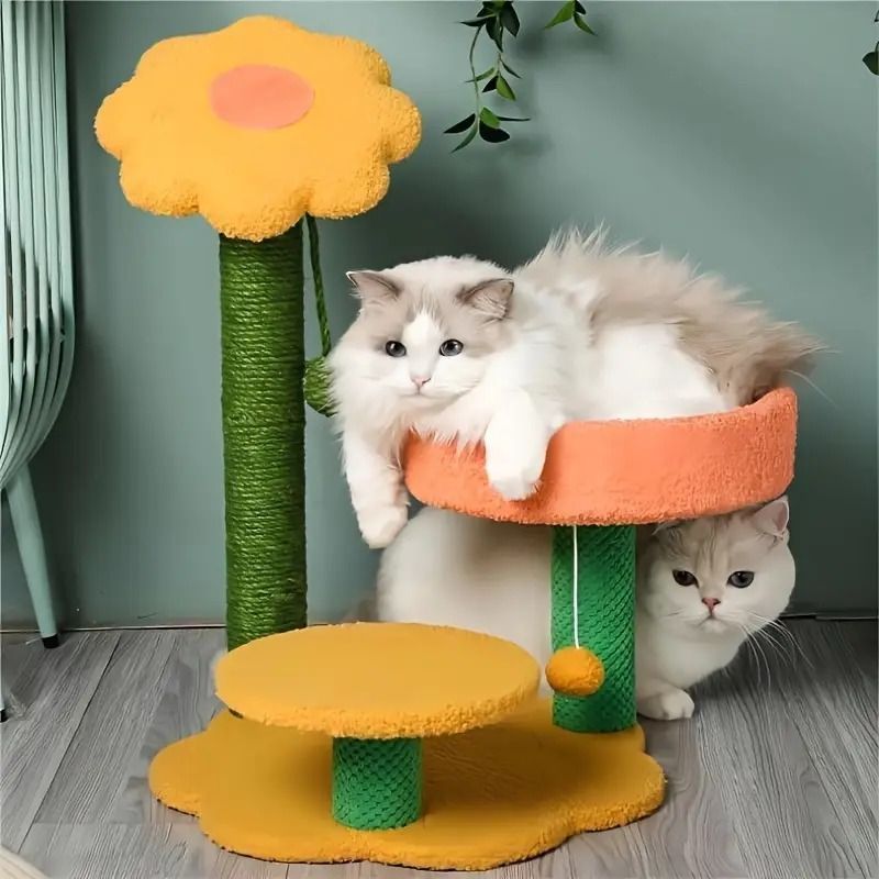 ひまわり型 キャットタワー 猫スクラッチポスト キャットクライミング キャットハウス かわいい 安定性 子猫 天然サイザル麻 インタラクティブ 猫おもちゃ 猫じゃらしボール 猫ジャンプ台