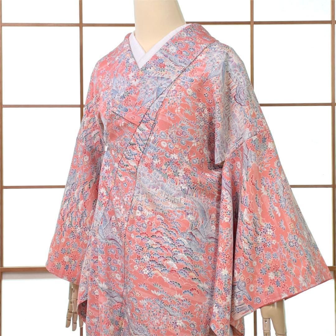 小紋着物 袷 正絹 ちりめん地 茶屋辻柄 桃色 着物 kimonolove 新古品 オゾン消臭サービス A-2046