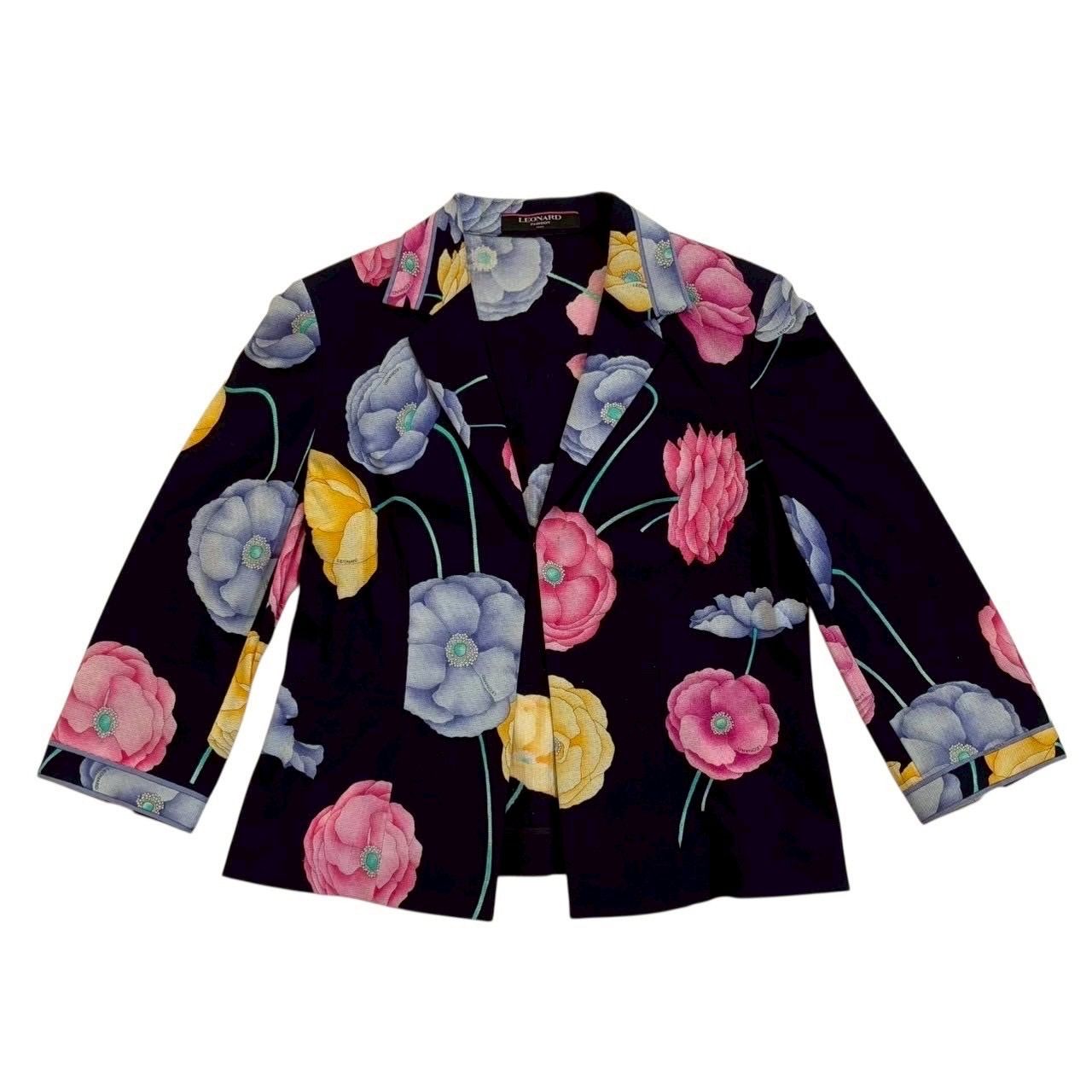 LEONARD レオナール テーラードジャケット 紺 マルチカラー 花柄