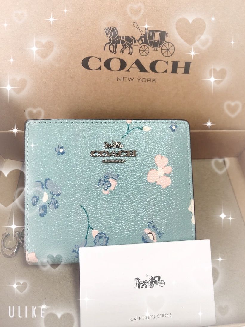 COACH 折りたたみ財布 花柄 水色 ブルー C8703 - メルカリ