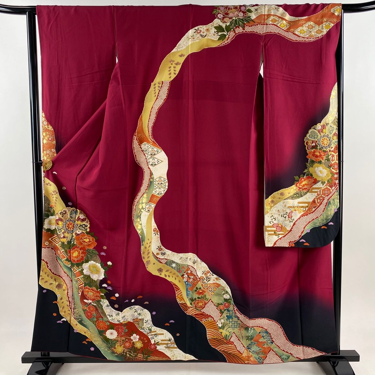 振袖 身丈159cm 裄丈64cm M 袷 華文 草花 金糸 金彩 えんじ色 正絹 秀品