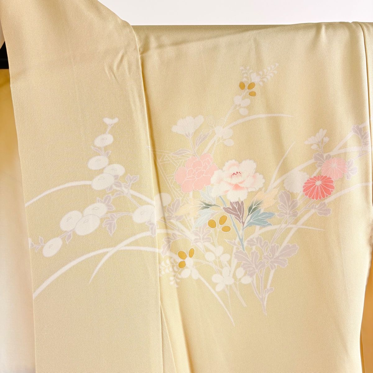 値下げ　訪問着 草花 枝花 ぼかし 薄茶色 袷 袋帯　セット 訪問着 身丈164cm 裄丈65.5cm M 袷 袋帯セット 草花 籠目 金銀彩