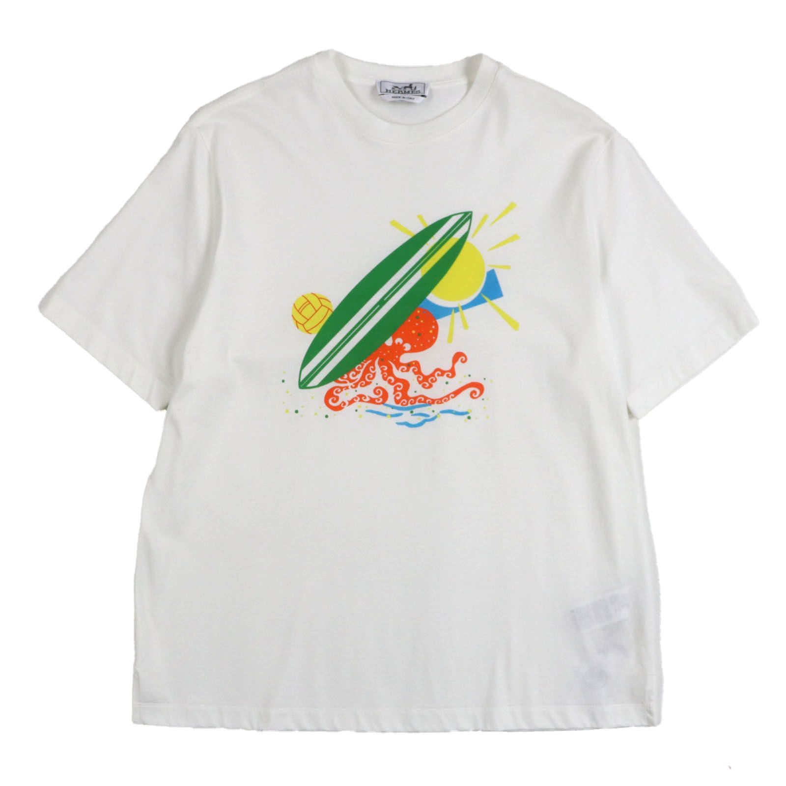 ♥品 HERMES エルメス 23SS Poulp Watch プールプウォッチ コットン サーフボードグラフィック クルーネック ショートスリーブ 半袖Ｔシャツ ホワイト S イタリア製 正規品 メンズ
