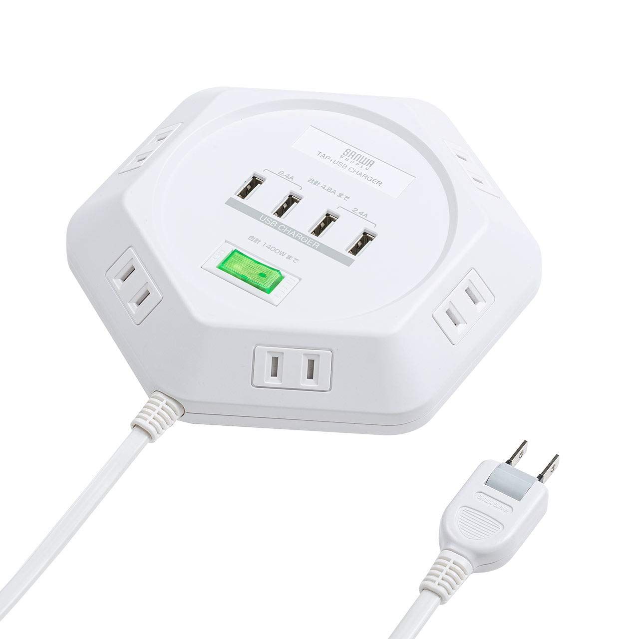 サンワダイレクト 電源タップ 延長コード USB付き 卓上 3m 6個口 ほこりシャッター スイッチ付き 滑り止め付き ホワイト 700-TAP043 [ホワイト]