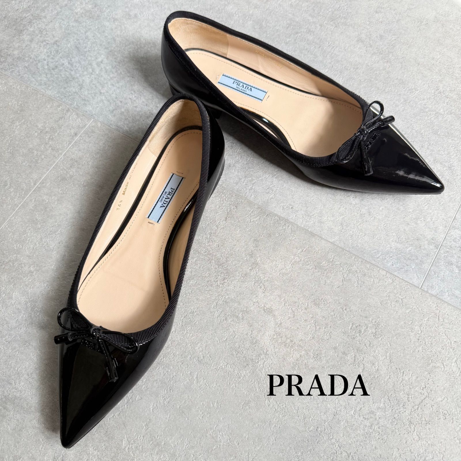 PRADA プラダ リボン フラットシューズ パンプス ロゴ パテントレザー 36 1 2 23.5cm