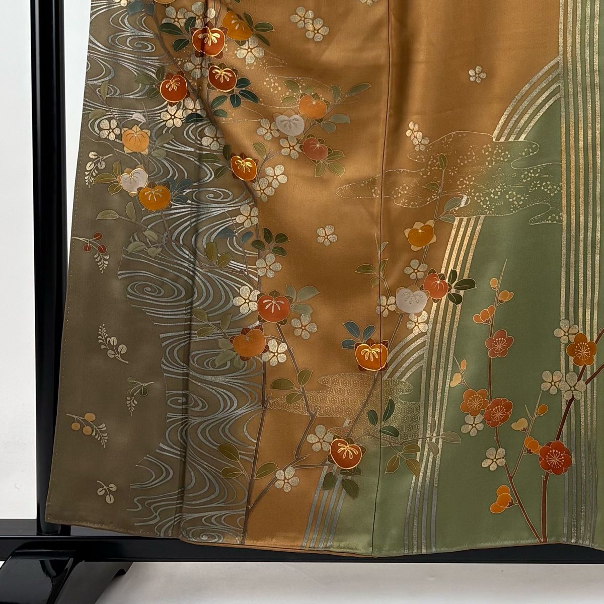 訪問着 身丈159cm 裄丈66cm M 袷 落款 橘花 観世水 金糸 金銀彩 茶色 正絹 秀品