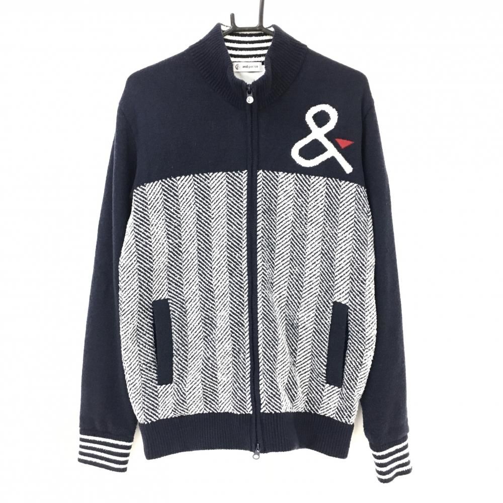 アンパスィ ニットジャケット ネイビー×白 前身頃ヘリンボーン柄 裏地