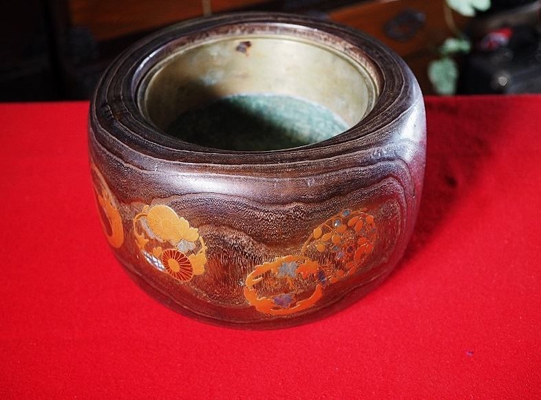 蒔絵と螺鈿の 桐火鉢 昭和前期 古録展 品番K2232